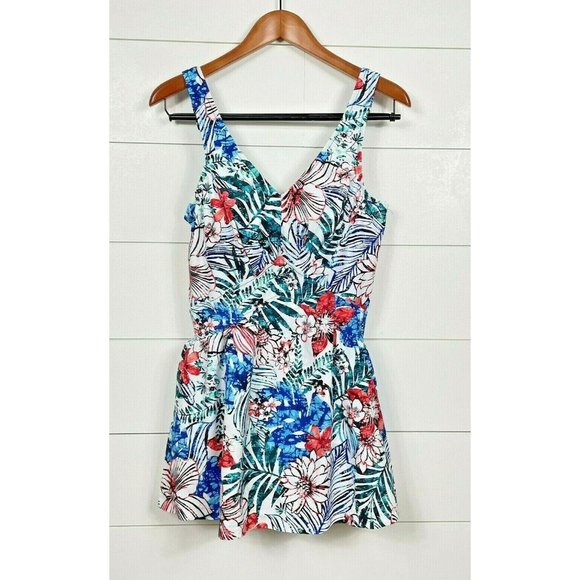 Maxine of Hollywood Other - Azul One Piece Swimsuit Swimdress Size 14 White Tropical Floral Maxine Hollywood